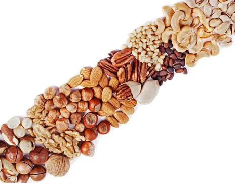 Diagonal strip of various nuts Stock-Fotos