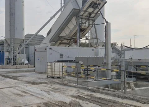 Diagonal View of Mobile Concrete Batching Plant and Settling Tanks Stock Photos