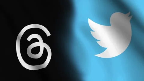 Diagonal waving flag of Threads app and Twitter logo Stock Footage 245942212