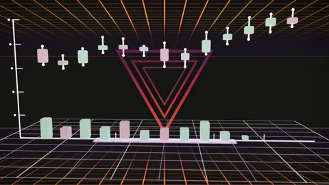 Diagonal white bar sweeping, 3D chart neon triangle axis, candles and bars Stock Footage 335637281