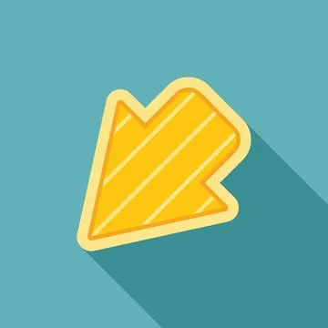 Diagonal yellow arrow pointing down left with stripes and long shadow on tu.. Stockillustratie