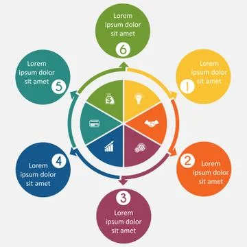 Diagram 6 cyclic processes, step by step, colorful circles in a circle Stock Illustration