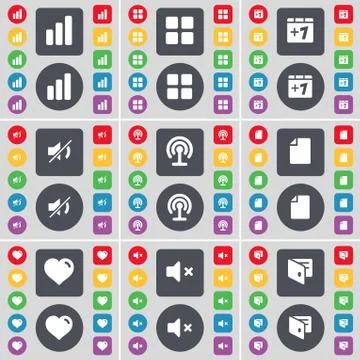 Diagram, Apps, Plus one, Mute, Wi-Fi, File, Heart, Wallet icon symbol. A large s Stock-Illustration