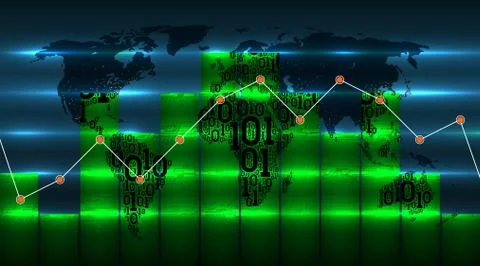Diagram chart and graph on the background of the world map from binary code Stock Illustration