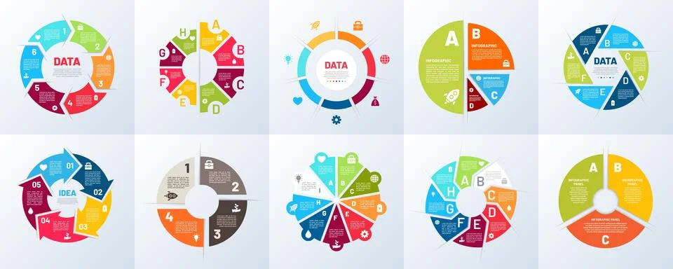 Diagram chart. Circular graph, 5 4 or 6 parts. 3, 7 or 8 color business templ Stock Illustration