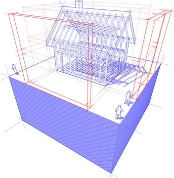 Diagram of a framework construction of a detached house with 3D dimensions... Stock Photos