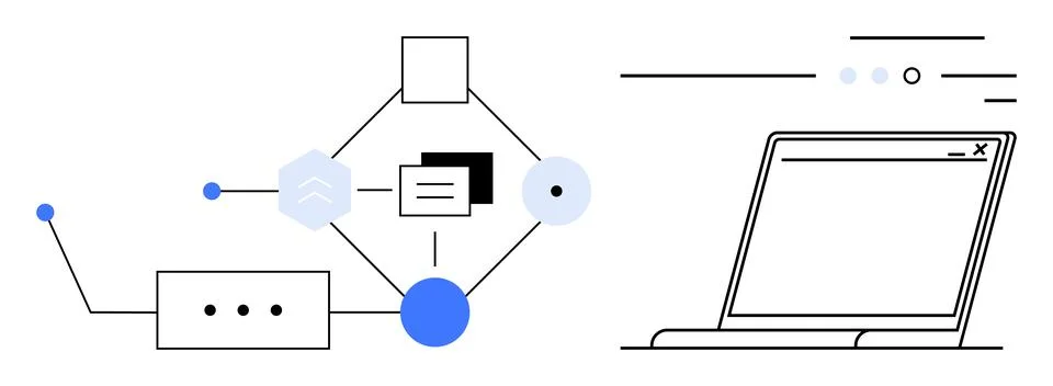 Diagram of interconnected data flow elements leading to a laptop screen, with Stockillustratie