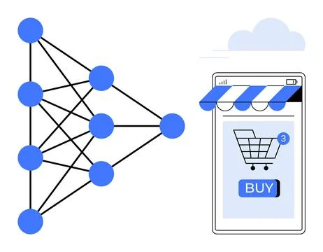 A diagram of neural network nodes connected by lines next to a smartphone scr Stockillustratie