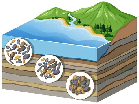 Diagram showing process of compaction to cementation in layers Stock Illustration