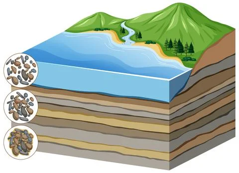 Diagram showing process of compaction to cementation in layers Stock Illustration