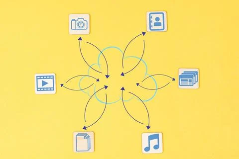 Diagram of types of data that can be saved in the cloud storage for storing and Stock Illustration