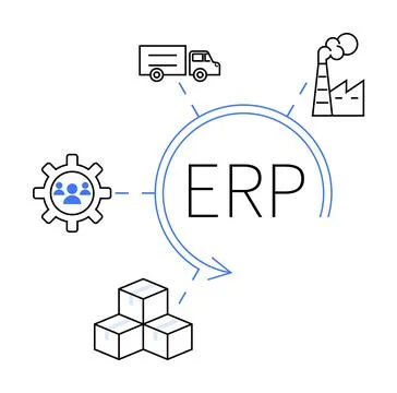 Diagram visualizing an ERP system centralizing logistics truck icon , manufac 스톡 일러스트