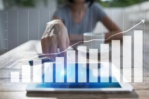 Diagrams and graphs on virtual screen. Business strategy, data analysis concept. Stock Illustration