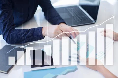 Diagrams and graphs on virtual screen. Business strategy, data analysis concept. Illustrazione stock