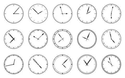 Dial clock face watch time circle black line set Stock Illustration