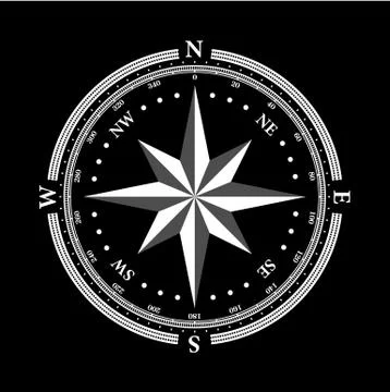 Dial Compas and Rose of Wind on black background Stock Illustration