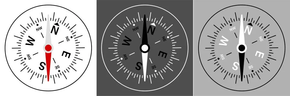 Dial of the compass schematic representation with an arrow and scale. Travel Stock Illustration