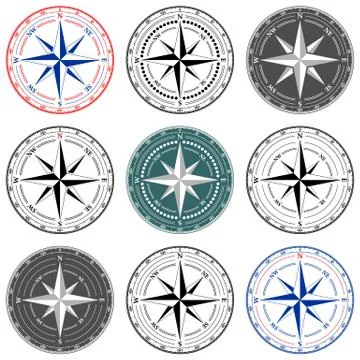 Dial Compass Set with Windrose. 9 vector illustrations Stock Illustration