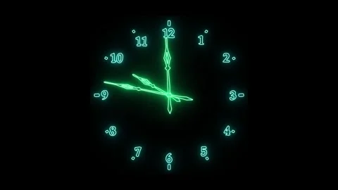 Dial with green neon hands Latin green neon numerals 10 o'clock Stock Footage 346725512