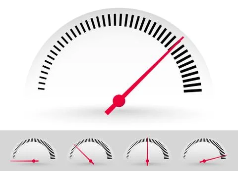 Dial, meter templates with red needle at 5 stages. Measurement, acceleration  Stock Illustration