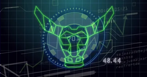 Dial starting, marker showing, neon bull forming, data peaking then shrinking Stock Footage 331832881