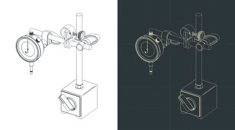 Dial test indicator with magnetic stand isometric blueprints Illustrazione stock