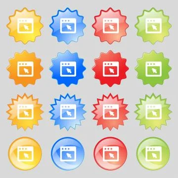 The dialog box icon sign. Set from fourteen multi-colored glass buttons with pla Stock Illustration