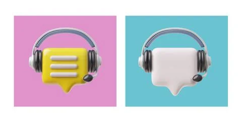 Dialog boxes with headphones on a bright background. Collection in 3D vector. 스톡 일러스트