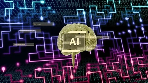 Dialog boxes sliding in, golden brain rotating, AI tag visible, nodes pulsing, Stock Footage 335281683