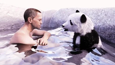 A dialogue between human and panda bear Stock Illustration