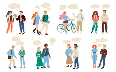 Dialogue between two people. Set of multinational pairs talking each other Stock Illustration