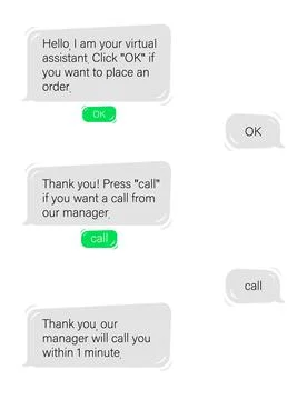Dialogue with chat bot in web application. Communication with virtual assistant Stock Illustration