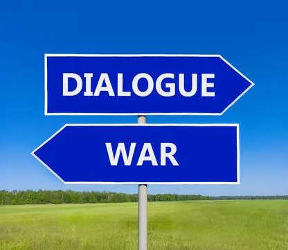 Dialogue instead war symbol. Concept words Dialogue and War on beautiful bl.. 스톡 사진