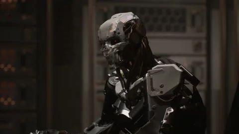 Dialogue scene of the robot commander explaining the war plan 08 Stock Footage 163380516