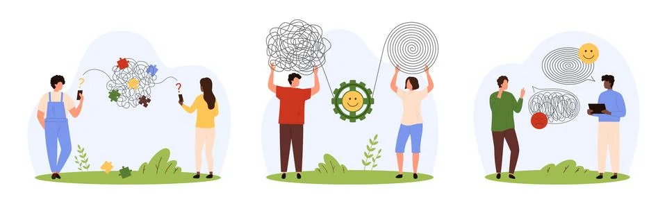 Dialogue understanding and communication problems set, tiny people unravel Stock-Illustration