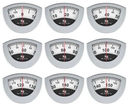 Dials of mechanical bathroom scale with different weight. 3D rendering Stock Illustration