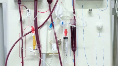 A dialysis machine pumping blood through the tubing system. Stock Footage 159900721
