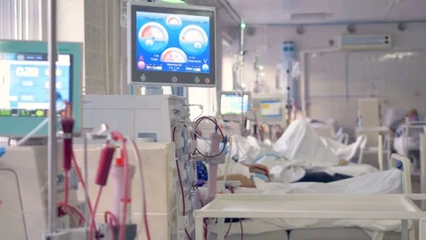 A dialysis ward with kidney machines showing ultrafiltration rates. Stock Footage