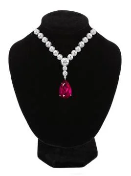 Diamond and ruby necklace on black mannequin isolated on white Foto stock
