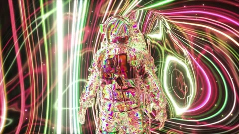 Diamond astronaut floating endlessly through a psychedelic neon light space Stock Footage 334044285