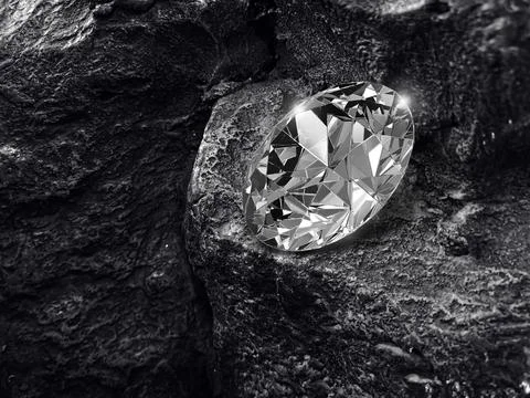 Diamond on black coal background. 3d render Illustrazione stock
