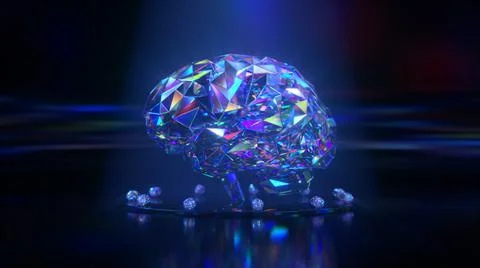 The diamond brain rotates on a black background. Artificial intelligence concept Stock Illustration