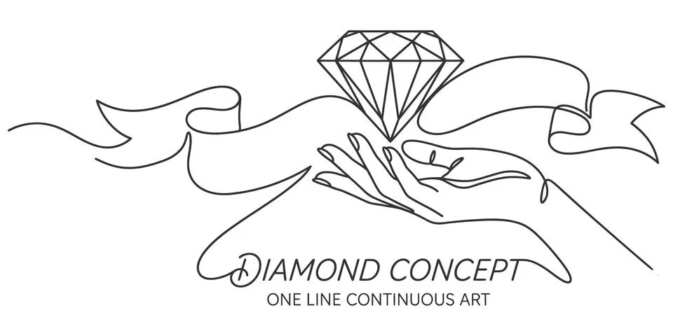 Diamond concept one line continuous art with hand ribbon. Stock Illustration