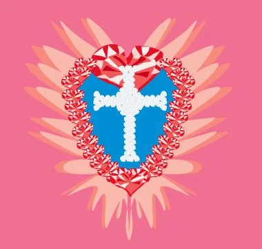 Diamond cross religious and ruby heart Stock Illustration