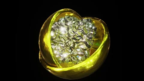 Diamond crystal inside of two gold hemispheres rendered in UHD Stock Footage 265842496