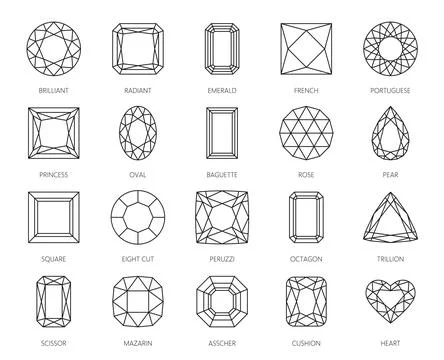 Diamond cut shapes, gemstone or jewelry line icons Stock Illustration