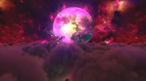 Diamond dolphins jump out of the clouds against the backdrop of the moon. Red Stock Illustration