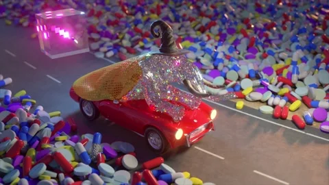 A diamond elephant in The Sorting Hat rides in a red car along the road among Video stock 212596734