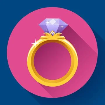 Diamond gold ring icon. Flat 2.0 vector design style with long shadow Illustrazione stock