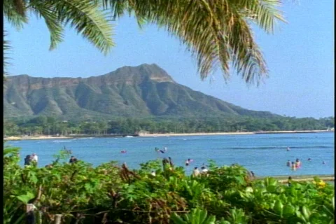 Diamond Head alone surrounded by green foliage, from Waikiki in Honolulu Video stock 868841